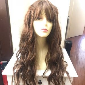 - Human hair blend medium brown wig with bang